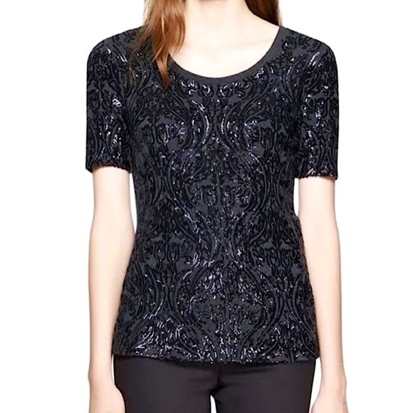 Tory Burch Arabesque Sequins Wool Tee Carbon Melange Small - Picture 1 of 10